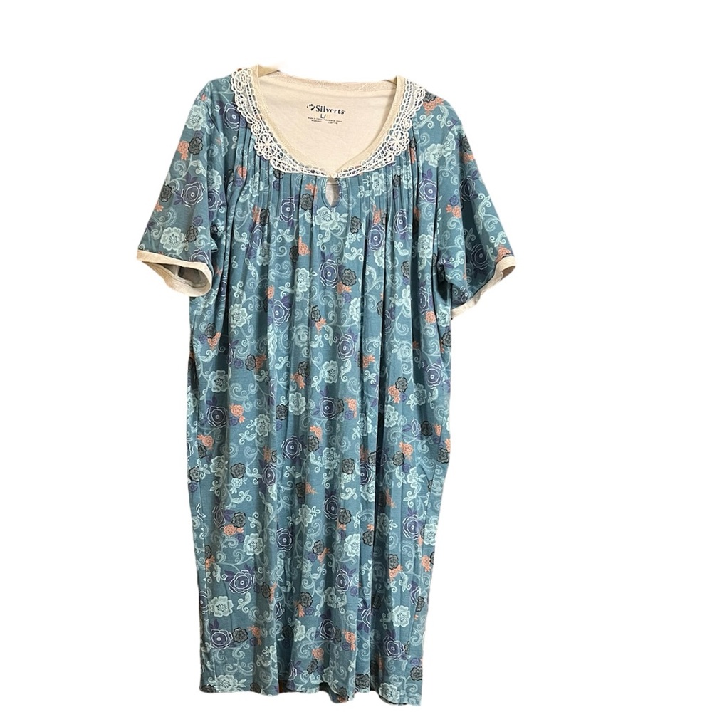 Silvert's Open Back Adaptive Nightgown, Blue Flowers - Short Sleeve, Size: L